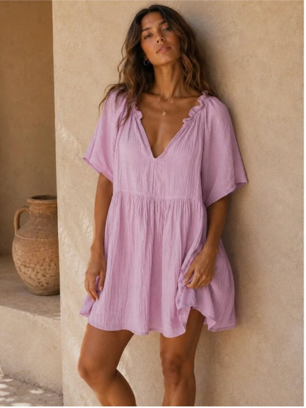 Old Navy Rose Dawn Pink Cotton Gauze Demi Swing Dress XXL V-Neck Ruffle Pockets